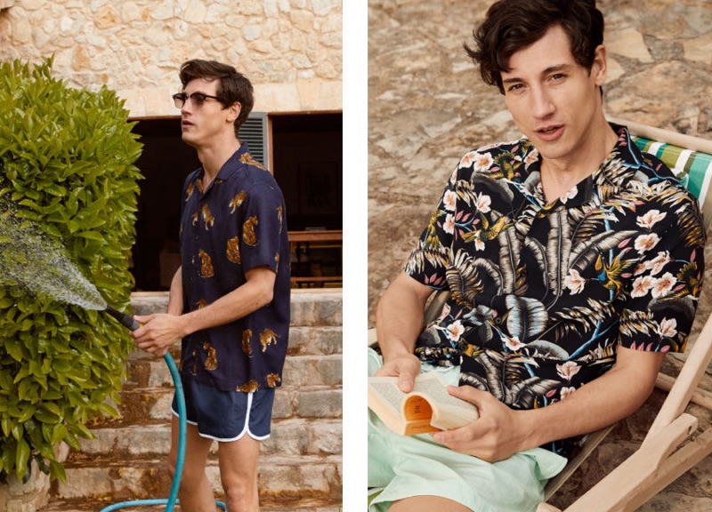 Left: Nicolas Ripoll wears a relaxed fit leopard print resort shirt $12.99 by H&M. Right: Nicolas sports a black tropical print resort shirt $12.99 from H&M.