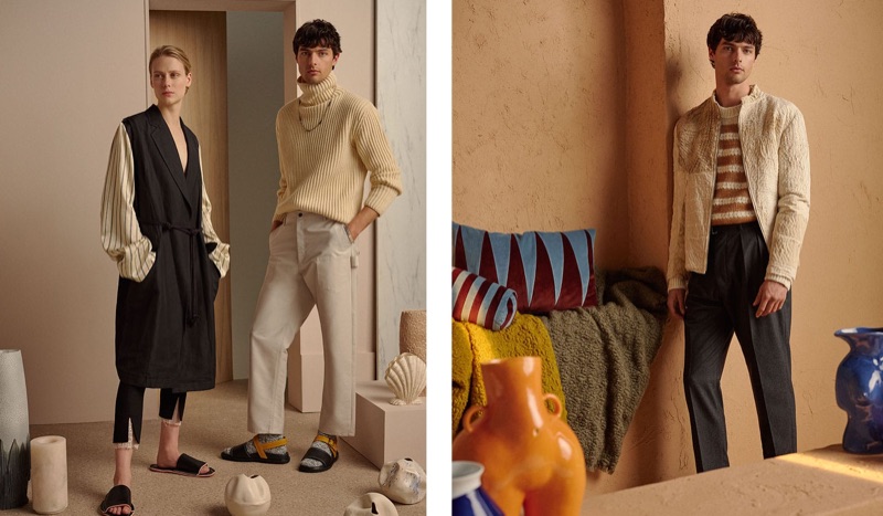 Left, Hannes Gobeyn poses with Sofie Hemmet. Embracing the look of an artist, Hannes wears an Arje sweater, Deveaux trousers, Marni sandals, and a M Cohen necklace. Right, Hannes sports a By Walid jacket, Acne Studios sweater, and Officine Generale trousers. 