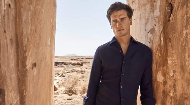 The Great Escape: Tom Warren Fronts Luca Faloni Summer '19 Campaign Appearing in Luca Faloni's new campaign, Tom Warren models a midnight blue linen shirt.