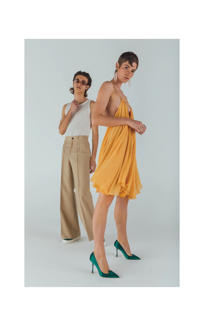 Pictured left, Michele Lanotte wears Andy Wolf sunglasses $319, a Jacquemus knit tank $133, Maison Margiela pants $696, and green Salvatore Ferragamo suede sneakers $595.