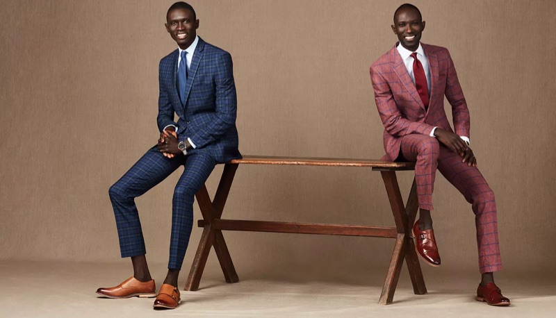 Fernando and Armando Cabral don sharp suits from Macy's. Pictured left, Fernando wears a Bar III blue plaid suit. Armando sports a Tommy Hilfiger windowpane suit.