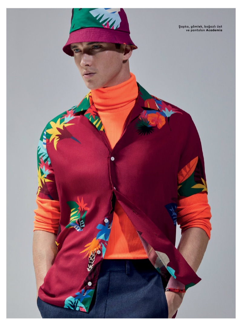 British model Matthew Holt embraces a tropical theme from Academia.