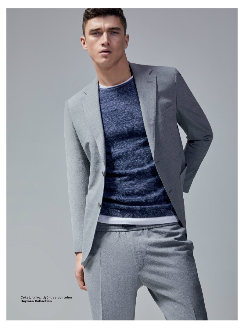 A smart vision, Matthew Holt dons a grey suit from Beymen Collection.