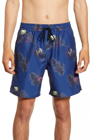 Men's Saturdays Nyc Timothy Peak Palm Print Swim Trunks, Size Small - Blue Men's Saturdays Nyc Timothy Peak Palm Print Swim Trunks, Size Small - Blue