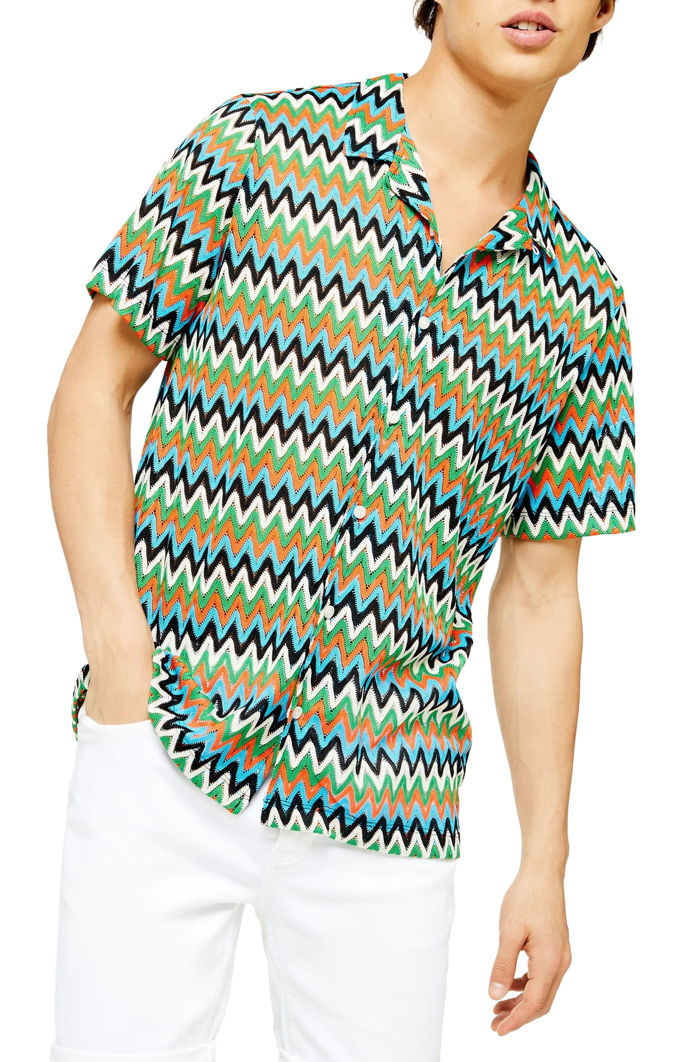 Men’s Topman Chevron Short Sleeve Button-Up Knit Camp Shirt, Size X
