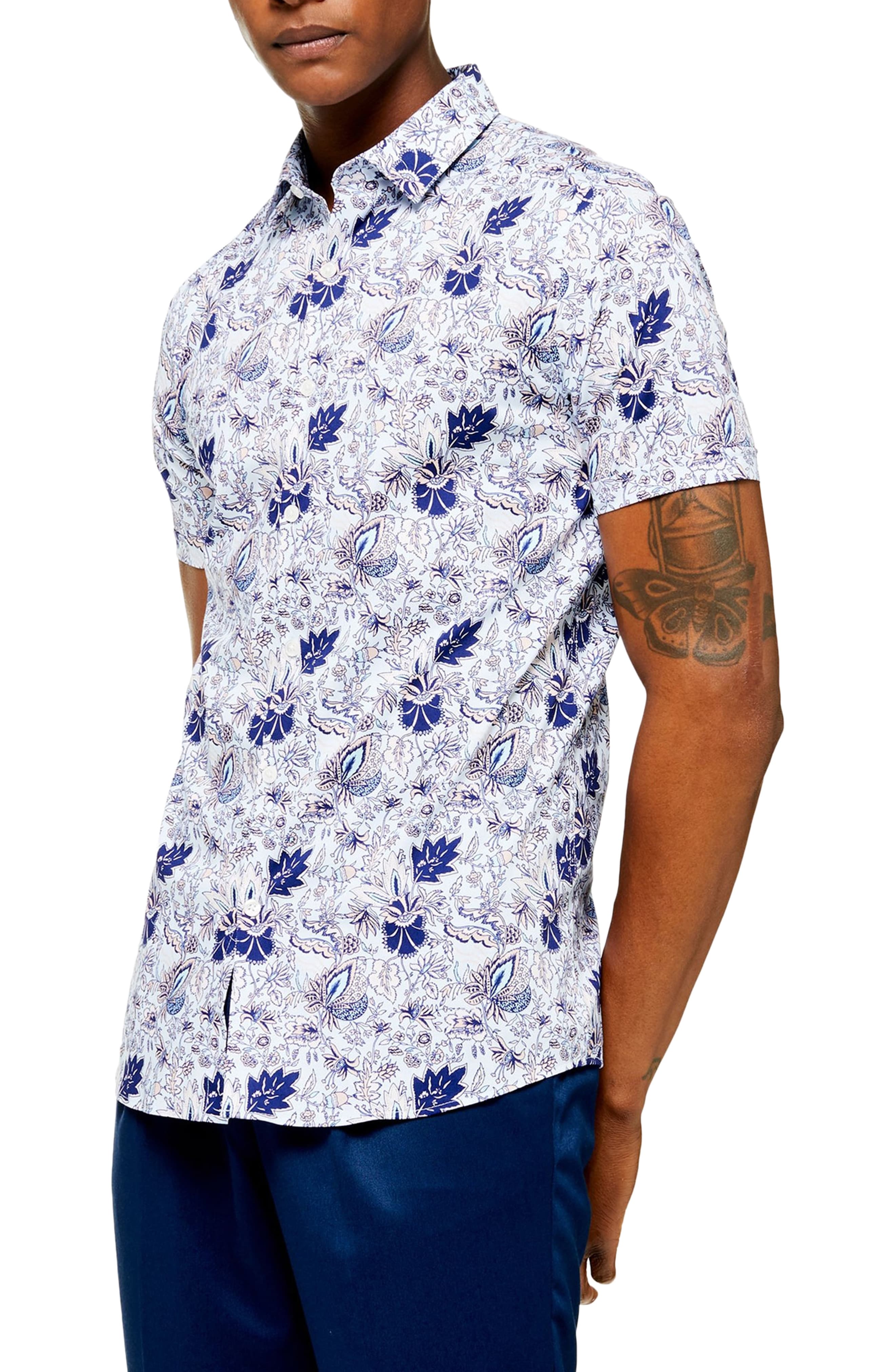 Men’s Topman Skinny Fit Floral Short Sleeve Button-Up Shirt, Size Large ...