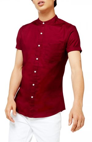 Men's Topman Stand Collar Skinny Short Sleeve Button-Up Shirt, Size X-Small - Burgundy Men's Topman Stand Collar Skinny Short Sleeve Button-Up Shirt, Size X-Small - Burgundy