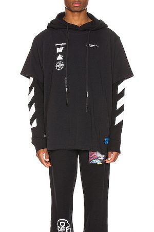 OFF-WHITE Diag Mariana Hooded Double Tee in Black. - size L (also in S) OFF-WHITE Diag Mariana Hooded Double Tee in Black. - size L (also in S)