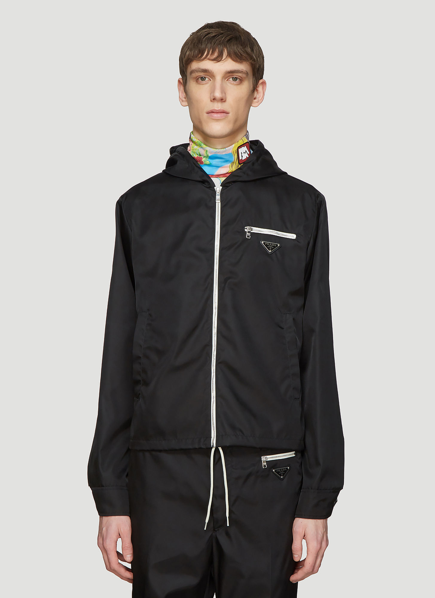 Prada Hooded Nylon Logo Zip Jacket in Black size IT – 50 | The Fashionisto