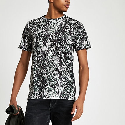 River Island Mens Black leopard print slim fit mesh T-shirt | The ...