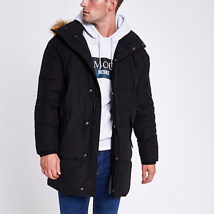 River Island Mens Black longline faux fur hooded parka jacket | The ...