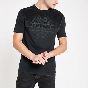 River Island Mens Charcoal embroidered slim fit T-shirt River Island Mens Charcoal embroidered slim fit T-shirt