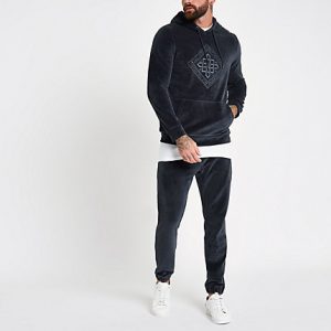 River Island Mens Charcoal grey velour embroidered hoodie River Island Mens Charcoal grey velour embroidered hoodie
