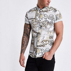 River Island Mens Cream baroque short sleeve slim fit shirt River Island Mens Cream baroque short sleeve slim fit shirt