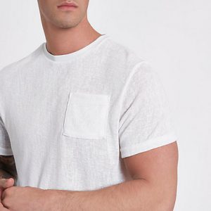River Island Mens Cream knit slim fit pocket T-shirt River Island Mens Cream knit slim fit pocket T-shirt