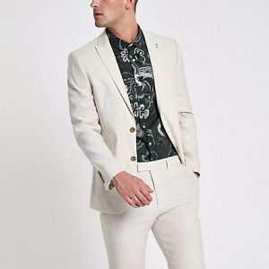 River Island Mens Cream linen blend slim fit suit jacket River Island Mens Cream linen blend slim fit suit jacket