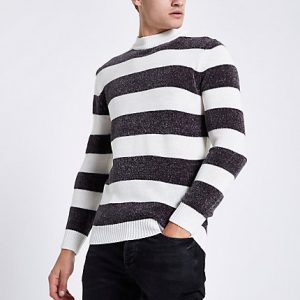 River Island Mens Cream stripe slim fit chenille knit sweater River Island Mens Cream stripe slim fit chenille knit sweater
