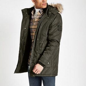 River Island Mens Khaki faux fur hooded parka jacket River Island Mens Khaki faux fur hooded parka jacket