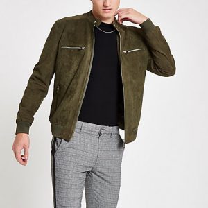 River Island Mens Khaki faux suede racer neck jacket River Island Mens Khaki faux suede racer neck jacket