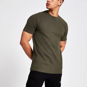 River Island Mens Khaki ribbed slim fit T-shirt River Island Mens Khaki ribbed slim fit T-shirt