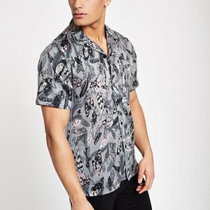 River Island Mens Teal green feather print satin revere shirt River Island Mens Teal green feather print satin revere shirt