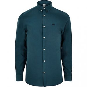 River Island Mens Teal wasp embroidered Oxford shirt River Island Mens Teal wasp embroidered Oxford shirt