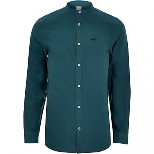 River Island Mens Teal wasp embroidered grandad Oxford shirt River Island Mens Teal wasp embroidered grandad Oxford shirt