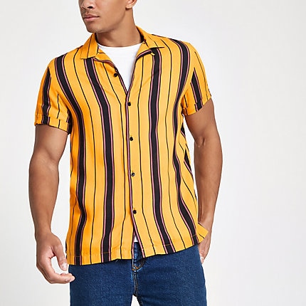 River Island Mens Yellow stripe short sleeve revere shirt | The Fashionisto