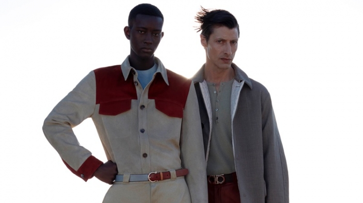 Models Oumar Diouf and Jonas Mason don pre-spring 2020 looks from Salvatore Ferragamo.