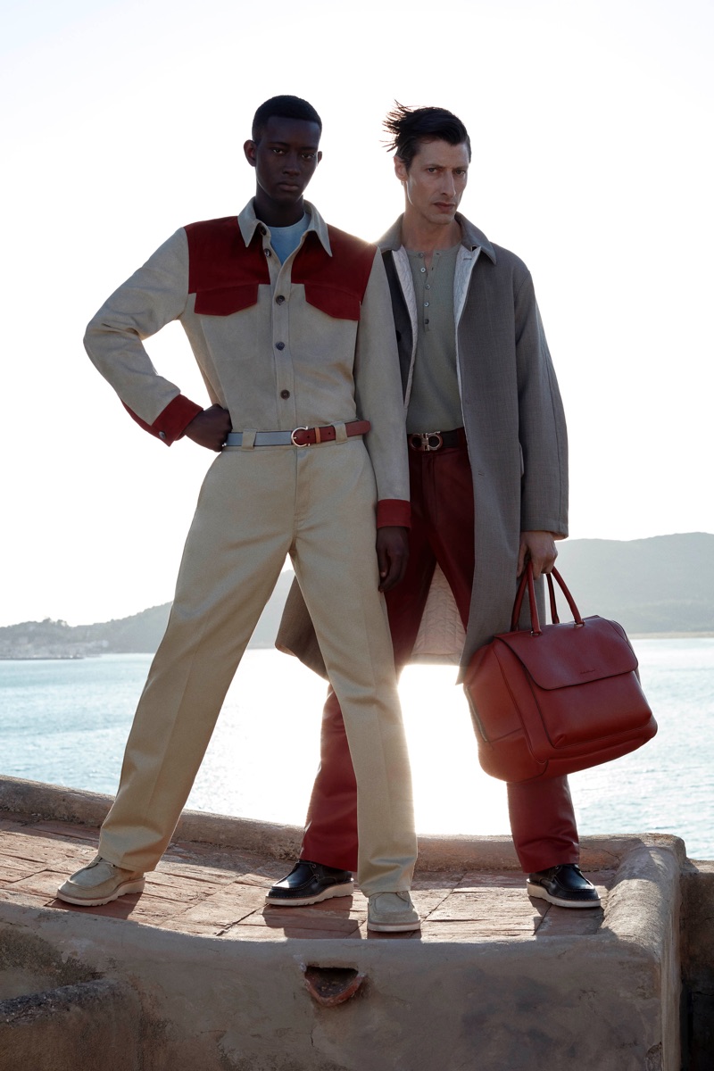 Models Oumar Diouf and Jonas Mason don pre-spring 2020 looks from Salvatore Ferragamo.