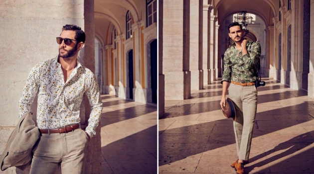 European Getaway: John Halls & Arthur Kulkov Travels to Lisbon with Simons Left: John Halls sports a Bosco linen suit and a LE 31 leather belt. Right: Arthur Kulkov wears Bosco linen pants with a LE 31 tropical forest print shirt and leather dress belt with Simons suede derby shoes.
