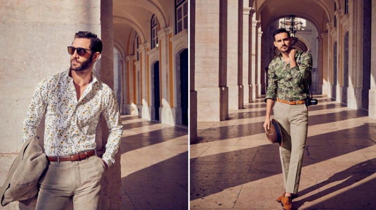 Left: John Halls sports a Bosco linen suit and a LE 31 leather belt. Right: Arthur Kulkov wears Bosco linen pants with a LE 31 tropical forest print shirt and leather dress belt with Simons suede derby shoes.