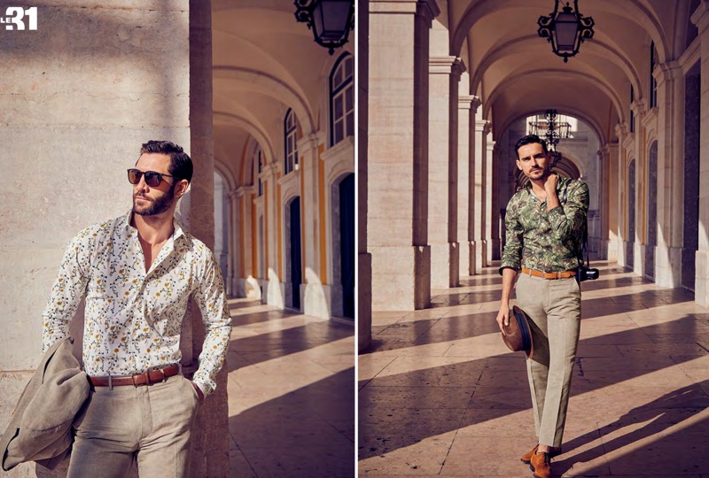 Left: John Halls sports a Bosco linen suit and a LE 31 leather belt. Right: Arthur Kulkov wears Bosco linen pants with a LE 31 tropical forest print shirt and leather dress belt with Simons suede derby shoes.