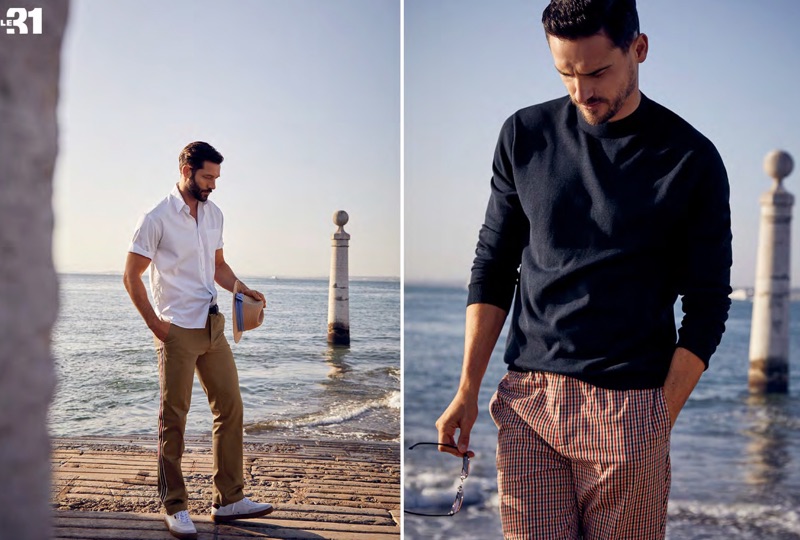 Left: John Halls models a LE 31 loose shirt, officer stripe chinos, and a chambray ribbon Panama hat with white Paul Smith sneakers. Right: Arthur Kulkov rocks a LE 31 knit sweater with slim-fit check pants.