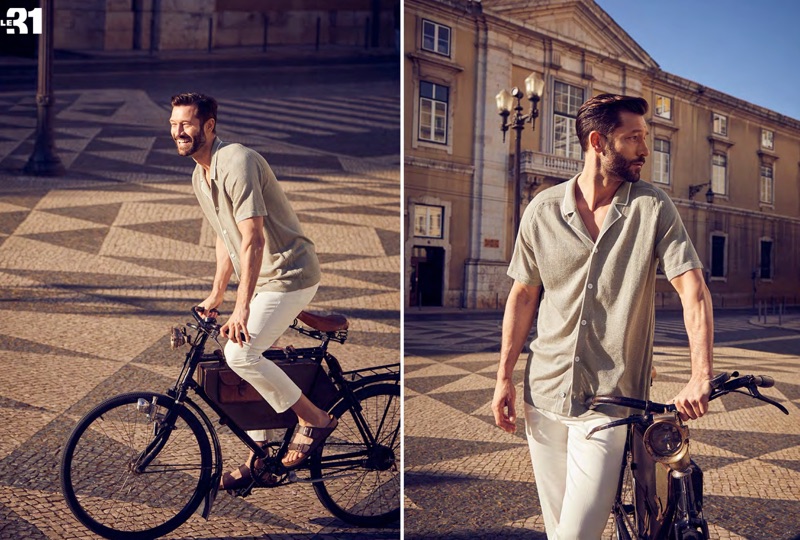 Taking in the sights of Lisbon, Portugal, John Halls wears a LE 21 knit linen shirt and Stockholm pants with Birkenstock Arizona EVA sandals.