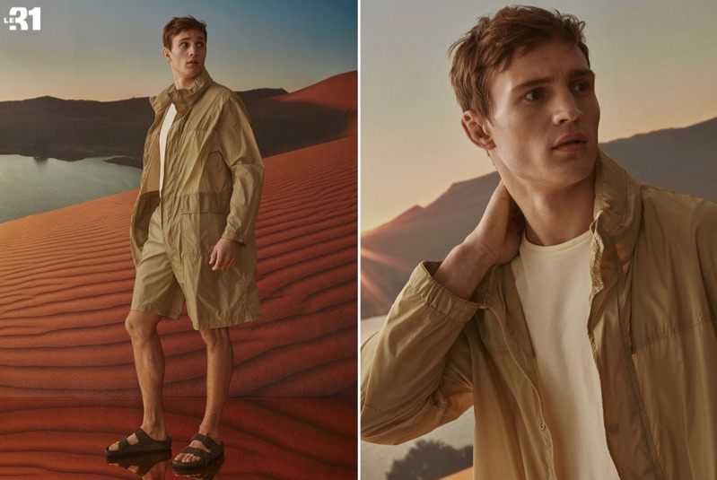 Julian Schneyder wears a LE 31 nylon parka and Bermudas with a piqué cotton tank. He also sports Rick Owens x Arizona sandals.