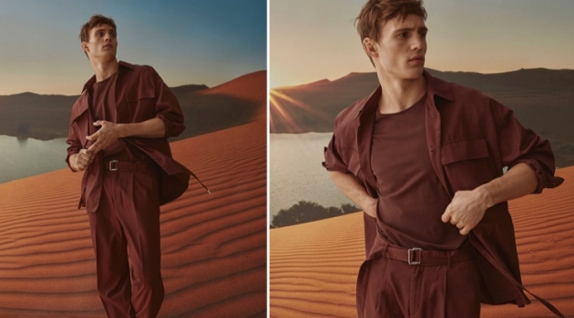 Julian Schneyder Models Monochromatic Numbers for Simons Embracing a monochromatic color scheme, Julian Schneyder models a LE 31 utility jacket, wide-leg pants, piqué cotton t-shirt, and Birkenstock Arizona sandals.