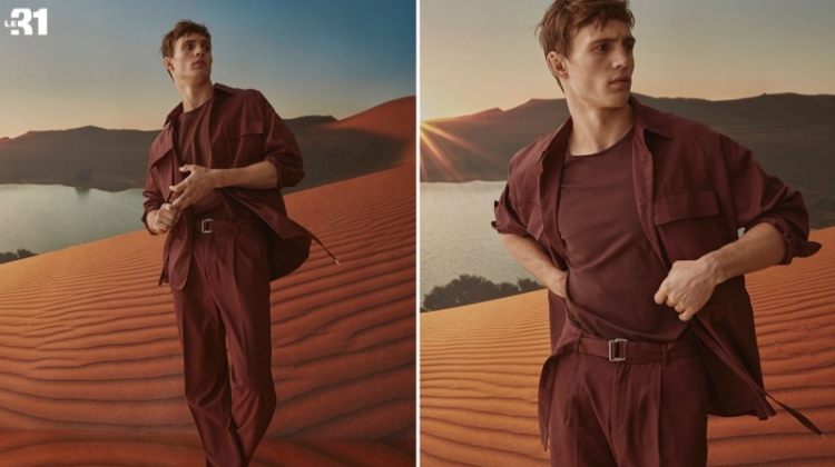 Embracing a monochromatic color scheme, Julian Schneyder models a LE 31 utility jacket, wide-leg pants, piqué cotton t-shirt, and Birkenstock Arizona sandals.