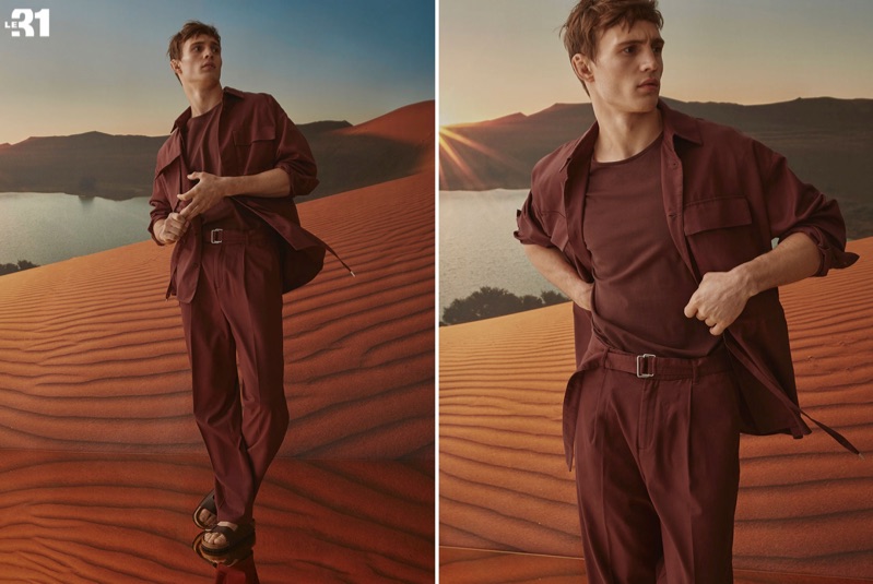 Embracing a monochromatic color scheme, Julian Schneyder models a LE 31 utility jacket, wide-leg pants, piqué cotton t-shirt, and Birkenstock Arizona sandals.