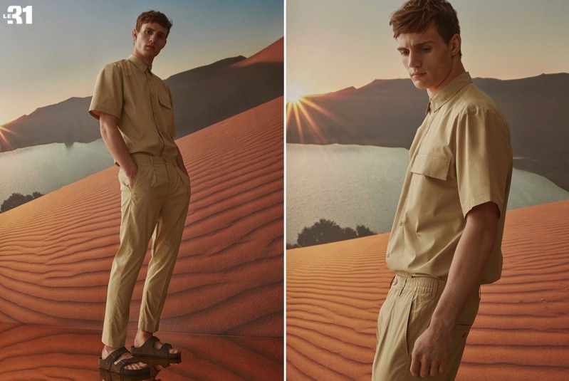 Reuniting with Simons, Julian Schneyder rocks a LE 31 utility shirt and pull-on pants with Birkenstock Arizona sandals.