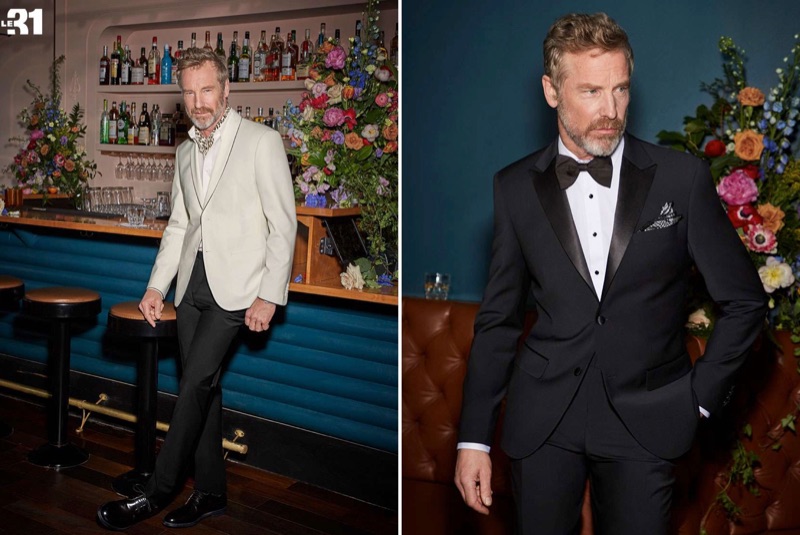 Left: Rainer Andreesen dons a LE 31 piped cream jacket, shirt, leopard print scarf, and tuxedo pants with Simons leather brogues. Right: Rainer models a LE 31 tuxedo with a Blick retro satin bow-tie. 