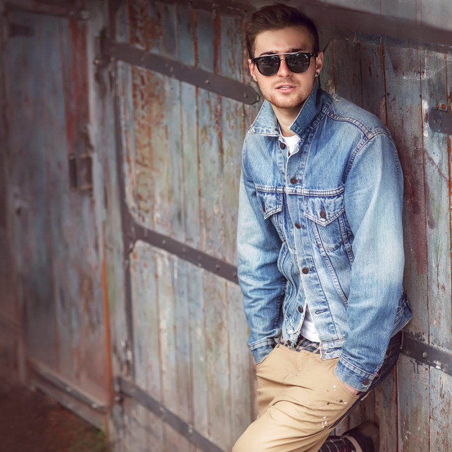 Stylish Man Denim Jacket Khakis Sunglasses