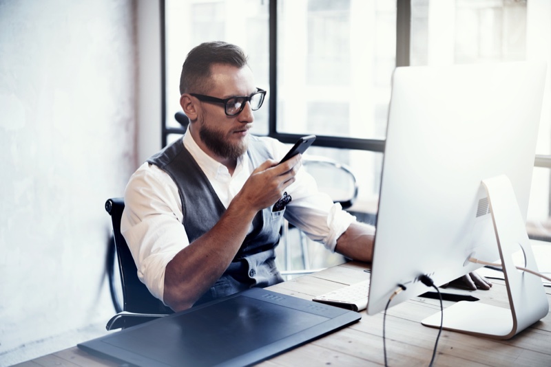 Stylish Man Office Smartphone Computer Stylish Man Office Smartphone Computer