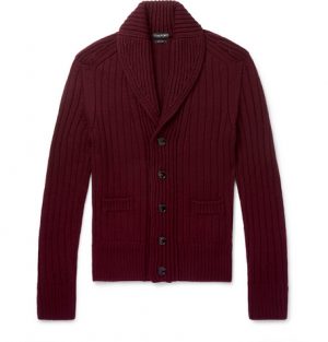 TOM FORD - Slim-Fit Shawl-Collar Ribbed Wool Cardigan - Men - Burgundy TOM FORD - Slim-Fit Shawl-Collar Ribbed Wool Cardigan - Men - Burgundy