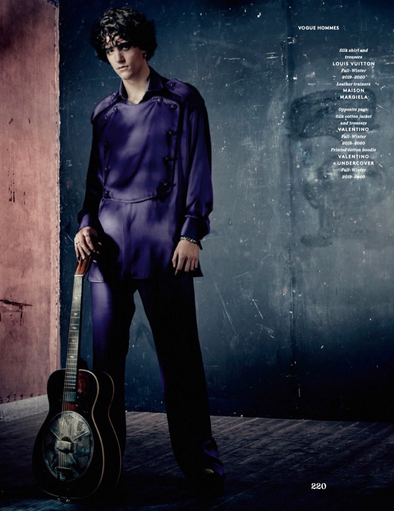A chic vision, Tamino dons a silk shirt and trousers by Louis Vuitton with Maison Margiela shoes.