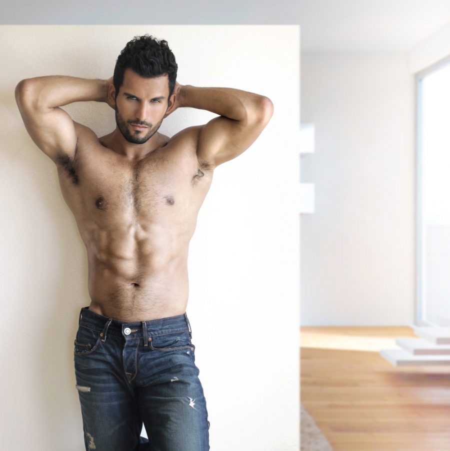 Tan Male Model Posing Shirtless in Denim Jeans