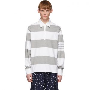 Thom Browne Grey and White Rugby Stripe Polo Thom Browne Grey and White Rugby Stripe Polo