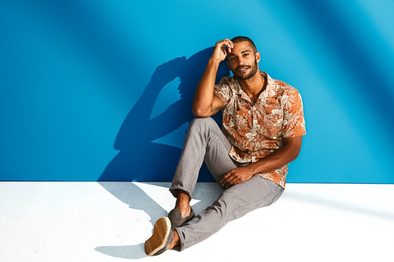 Nathan Owens dons Todd Snyder x Reyn Spooner's rust floral short-sleeve shirt $158.