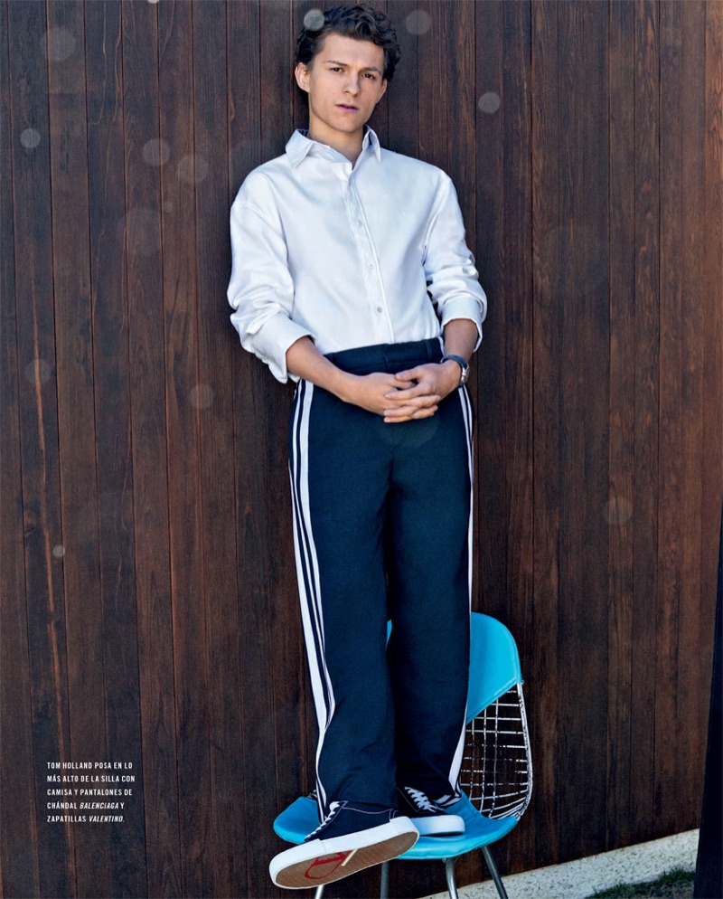 Actor Tom Holland sports a Balenciaga look with Valentino sneakers.