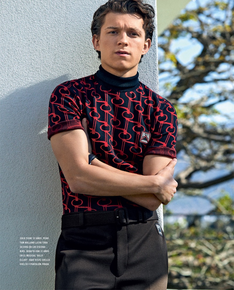 Starring in a photo shoot, Tom Holland dons a Prada outfit.